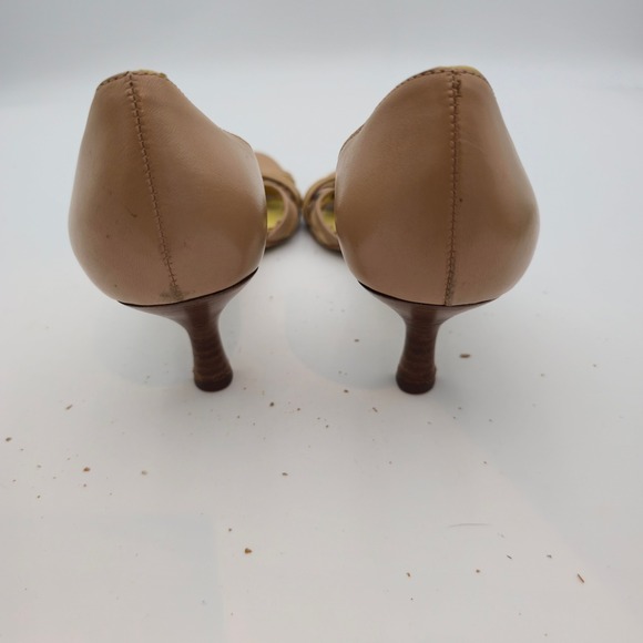 Michelle D Women Size 8 wooden Heels Sandals Strappy Tan yellow Leather peep toe - Picture 15 of 16